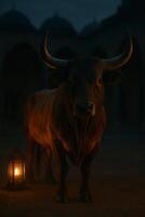 a bull standing in front of a lantern photo