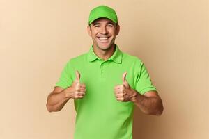 Delivery man showing thumbs up with confident expression photo