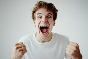 Excited young man shouting and raising fists in triumph photo