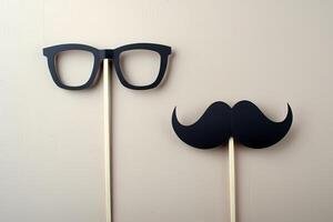 Fake mustache and glasses creating a funny disguise on beige background photo