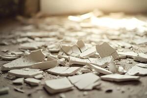 Broken tiles scattered on floor creating messy scene in room photo