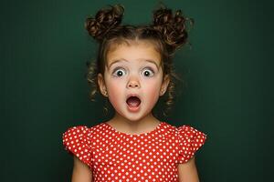 Portrait of surprised little girl opening her mouth in amazement photo