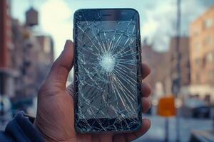 Hand holding mobile phone with broken touch screen in the city photo