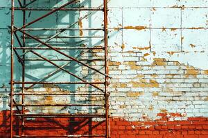 Scaffolding casting shadows on weathered brick wall during building renovation photo