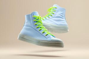 Pair of light blue sneakers with neon green laces floating on beige background photo