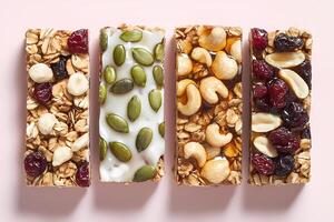Four appetizing cereal bars with nuts, berries and pumpkin seeds lying on pink background photo