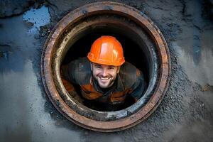 Smiling worker emerging from manhole on construction site photo