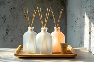 Aromatic diffuser bottles releasing fragrance into room photo