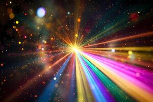 Rainbow light beams exploding in a colorful universe with glitter and bokeh effects photo