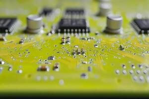Electronic circuit board showing components and pathways photo