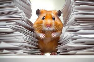 Hamster peeking out from two stacks of paper representing bureaucracy photo