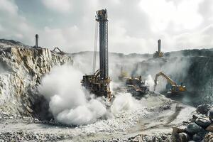 Drilling rig creating dust cloud in open pit mine photo