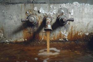 Rusty faucet pouring dirty water into basin in abandoned place photo