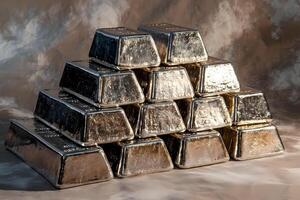 Stack of silver bars forming a pyramid on textured background photo