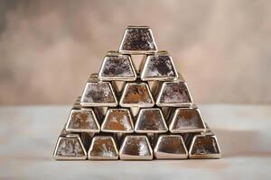 Metal ingots forming a pyramid on neutral background photo
