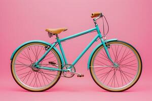 Light blue vintage bicycle standing out against pink background photo