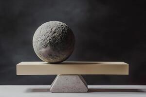 Balancing act, stone sphere on seesaw symbolizing equilibrium and precision photo
