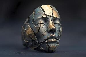 Artistic ring depicting a face emerging from broken stone and metal photo