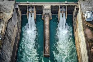 Water dam releasing water, creating powerful streams and turbulent flow photo