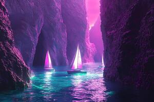 Sailboats navigating a vibrant pink cave at sunset photo