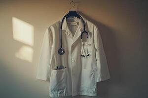 White lab coat hanging with stethoscope and medical instruments symbolizing healthcare photo