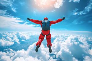 Skydiver is flying over the clouds with open arms in the sky photo
