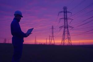 Electrical engineer working with laptop at sunset near power lines photo