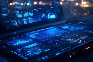 Futuristic laptop showing complex data analysis and statistics with holographic display photo