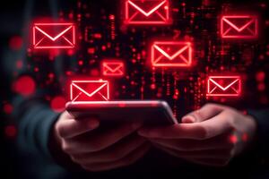 Hacker receiving many spam emails on smartphone with futuristic digital background photo