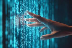 Hand interacting with digital binary code matrix photo