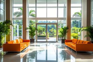 Modern hotel lobby with orange sofas and large windows showing tropical greenery photo