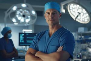 Portrait of confident surgeon posing with arms crossed in operating room photo