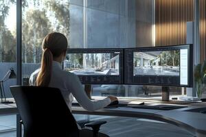 Architect working on architectural project using dual monitor computer setup photo