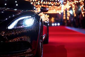 Luxury black car parked near red carpet during night event photo