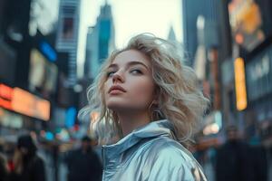 Young influencer posing in times square, new york city photo