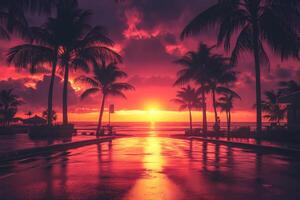 Palm trees silhouetted against a vibrant sunset reflecting on wet asphalt photo