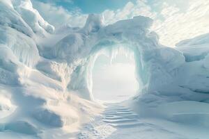 Magical ice arch with snow steps leading to bright light photo