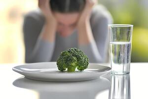 Woman refusing to eat broccoli and suffering from eating disorder photo