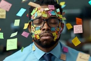 Stressed businessman covered with sticky notes closing his eyes photo