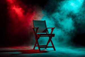 Empty director chair illuminated by red and teal lights in a smoky studio photo