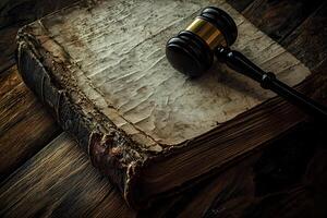 Judge gavel resting on ancient law book on wooden desk photo
