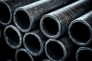 Stack of industrial metal pipes creating repeating pattern photo