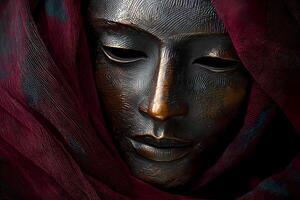 Bronze mask with red veil depicting serene face photo