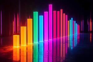 Glowing neon rainbow bar graph showing increasing progress in dark room photo