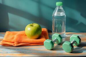 Green apple, dumbbells, towel and water representing healthy lifestyle photo