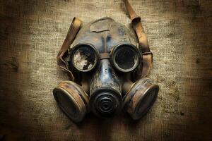 Old gas mask resting on burlap surface evokes history and danger photo
