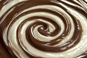 Swirling mixture of dark and white chocolate creating a delicious pattern photo
