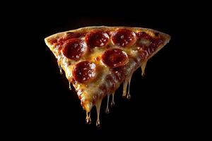 Delicious pepperoni pizza slice with melted cheese dripping on black background photo