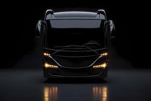 Black modern coach bus parked in the dark with lights on photo