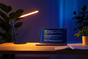 Modern desk setup showing software development on a laptop at night photo